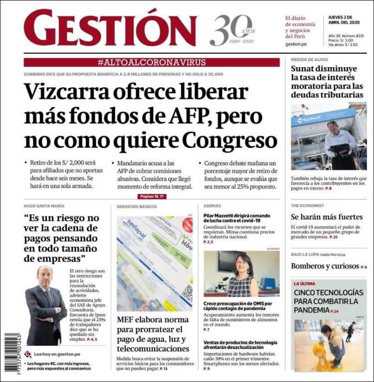 Portada de Diario Gestión (Per&uacute;)