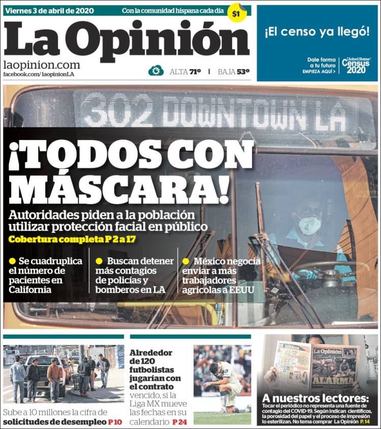 Portada de La Opinión (USA)