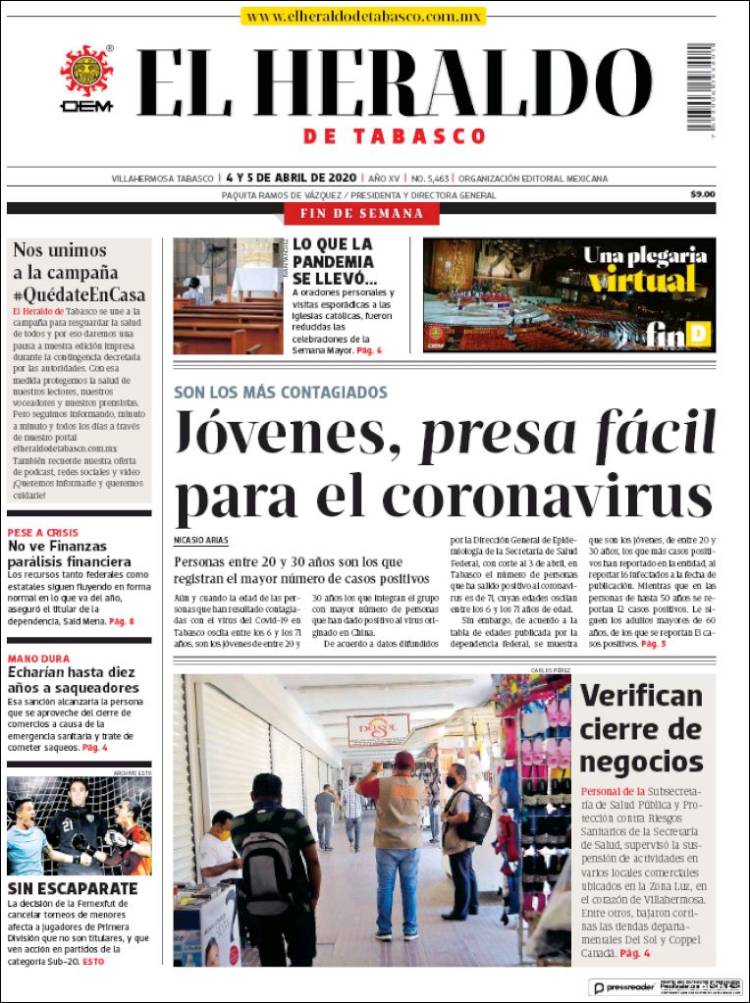 Portada de El Heraldo de Tabasco (México)