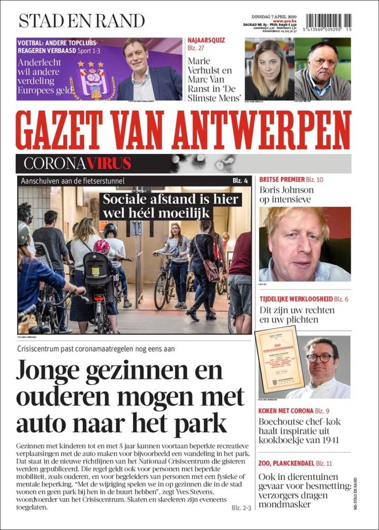 Portada de Gazet van Antwerpen (Bélgica)