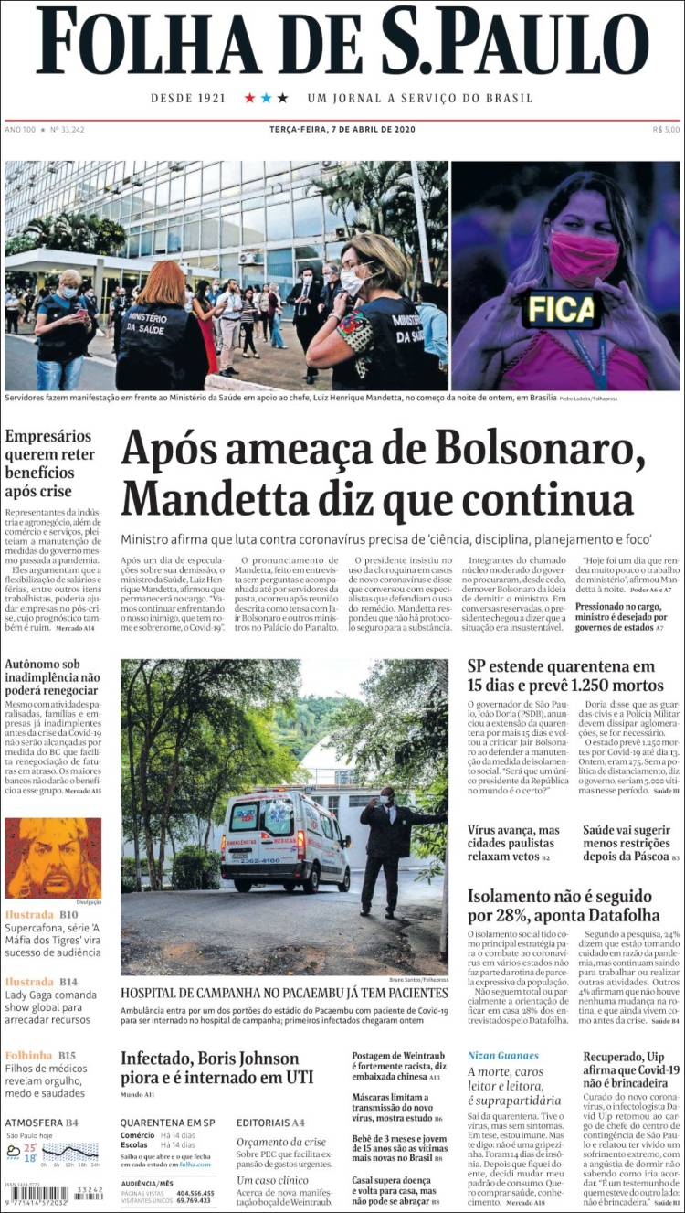 Portada de Folha de São Paulo (Brasil)