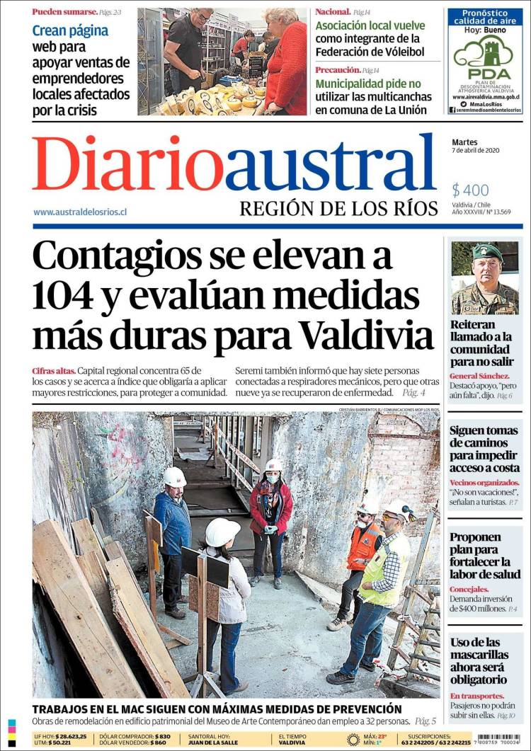 Portada de El Diario Austral de Valdivia (Chile)