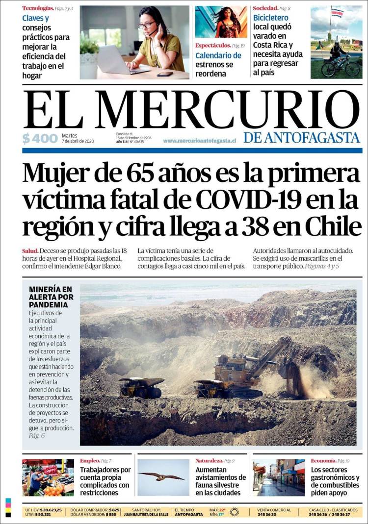 Portada de El Mercurio de Antofagasta (Chile)