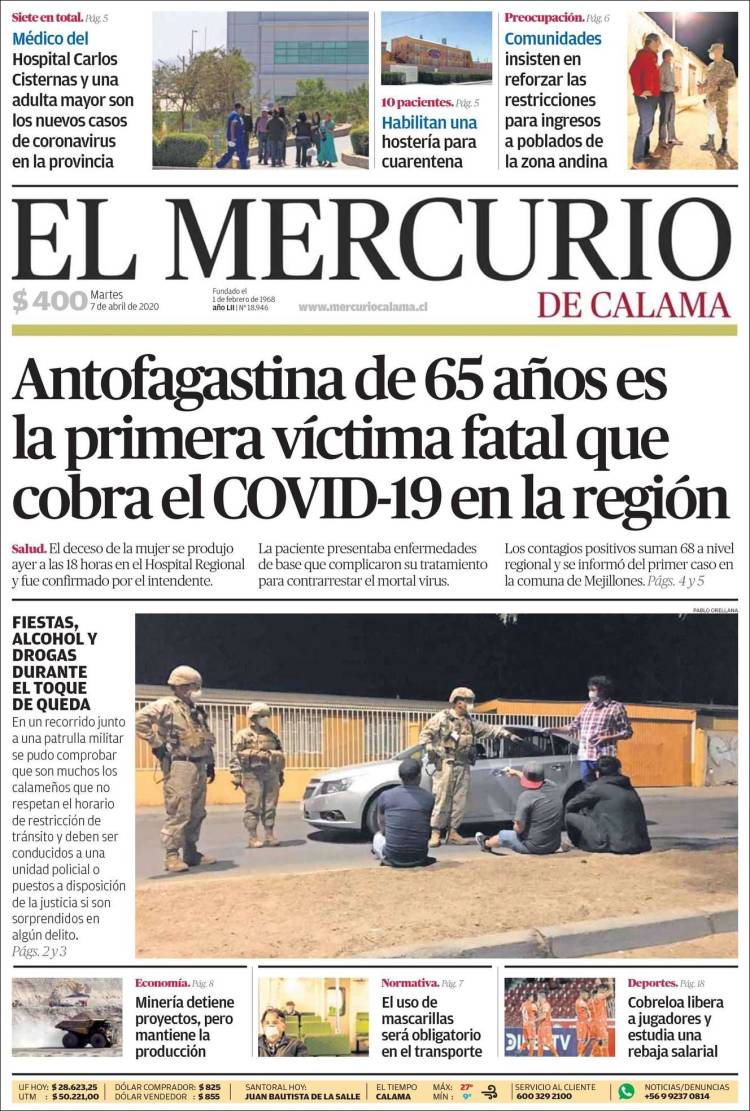 Portada de El Mercurio - Calama (Chile)