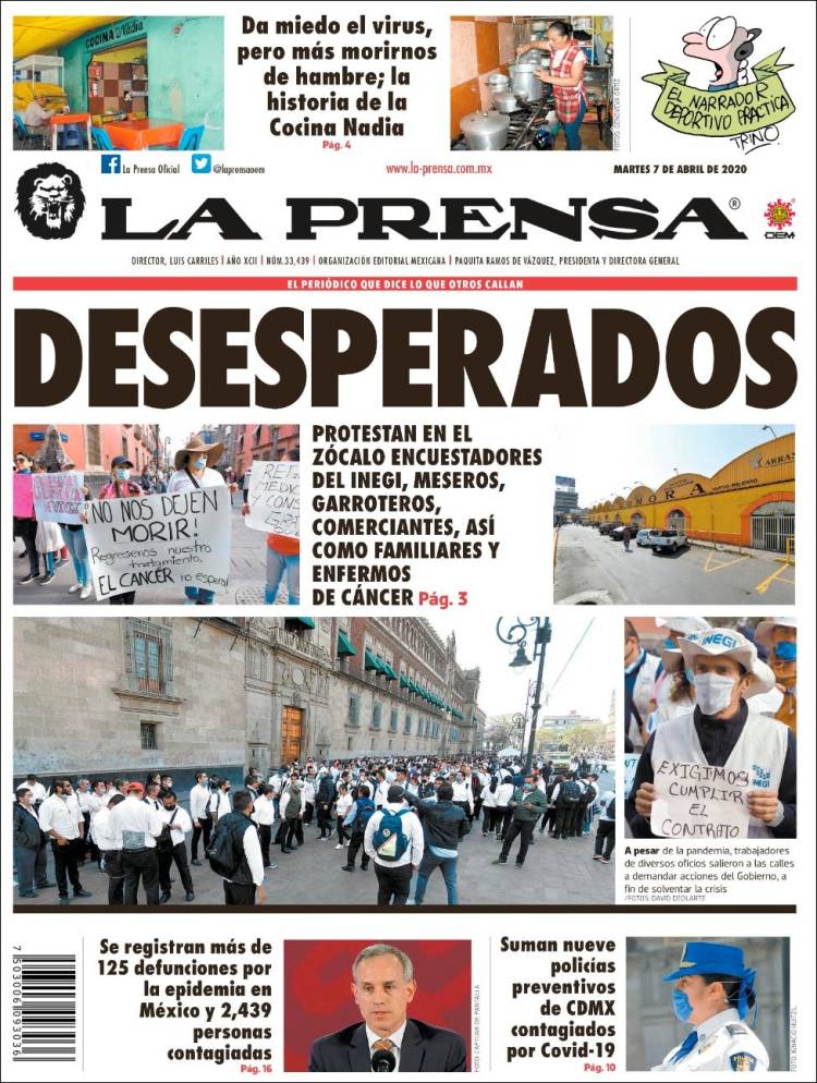 Periódico La Prensa (México). Periódicos de México. Edición de martes, 7 de  abril de 2020. 