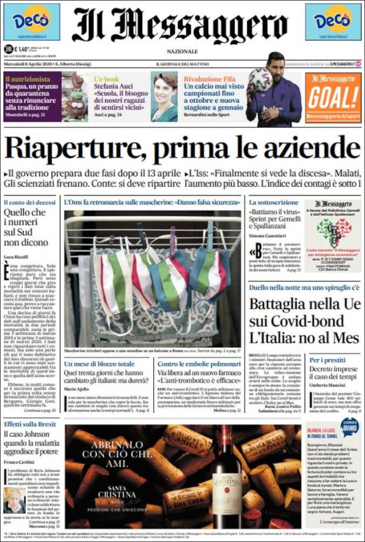 Portada de Il Messaggero (Italia)