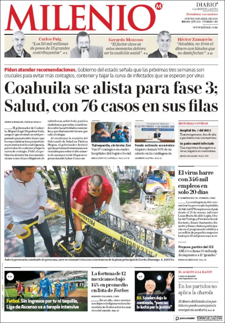 Portada de Milenio - Laguna (México)