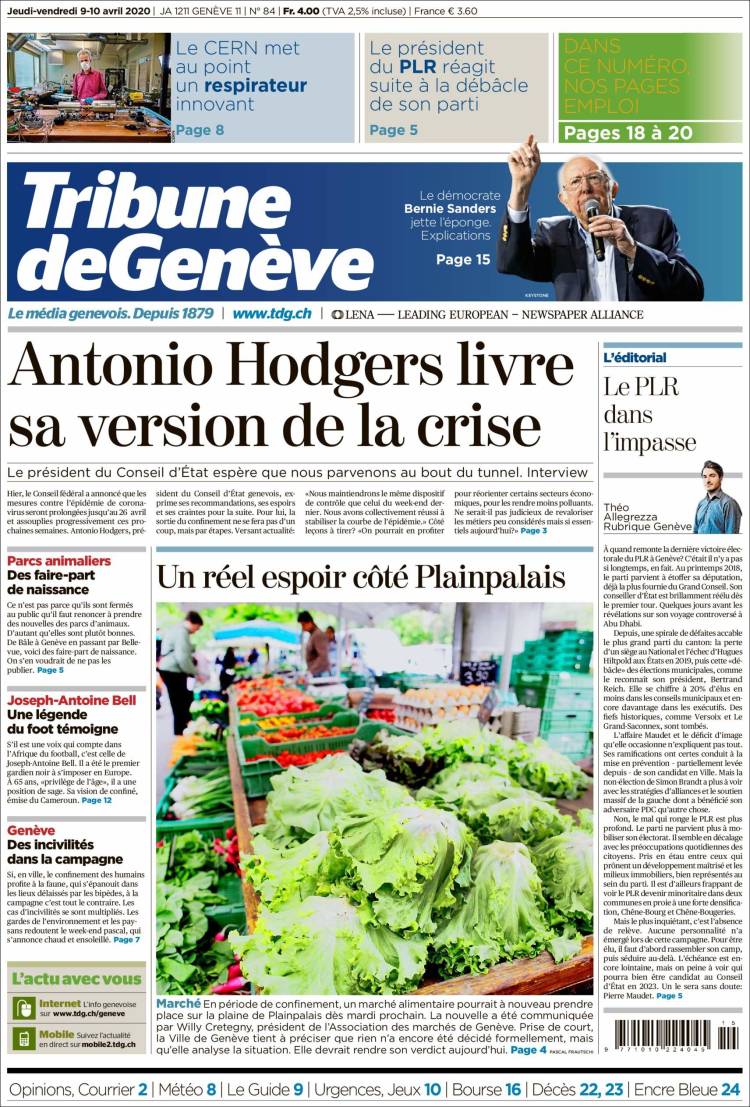 Portada de La Tribune de Genève (Suiza)