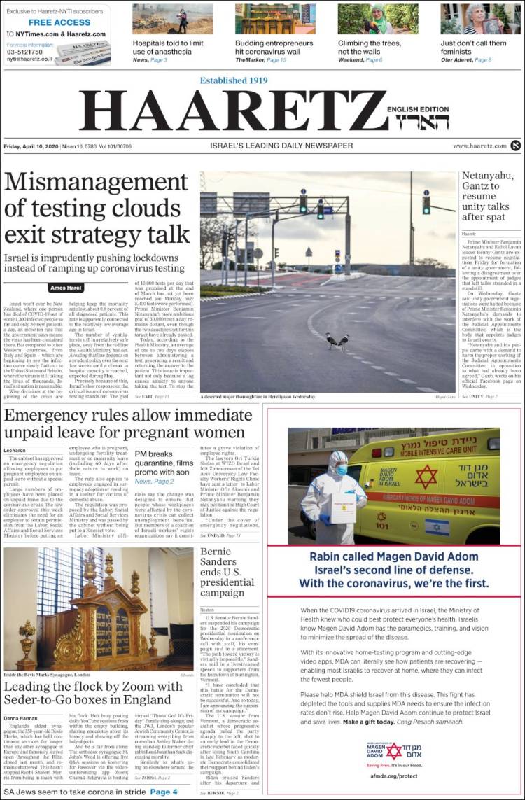 Portada de Haaretz (Israel)