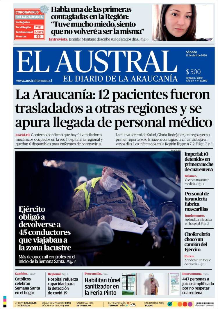 Portada de El Austral de Temuco (Chile)