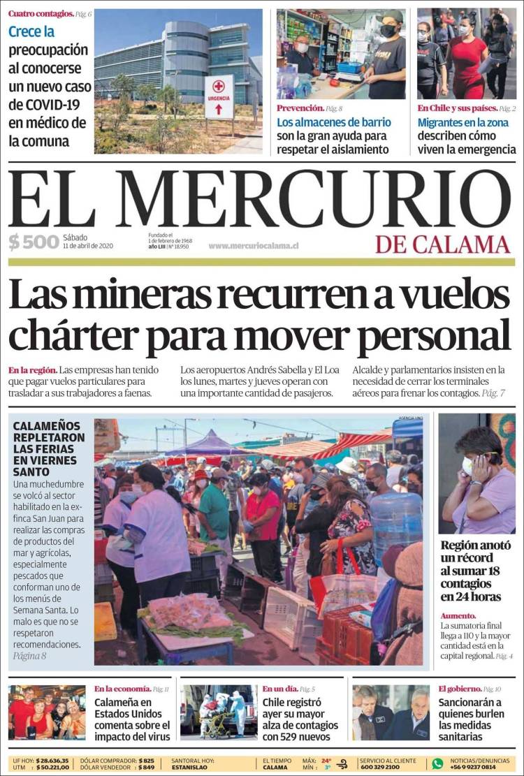Portada de El Mercurio - Calama (Chile)