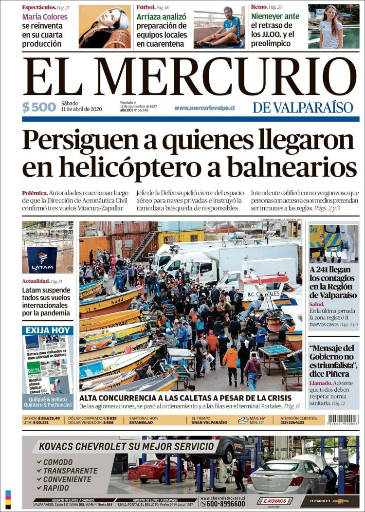 Portada de Mercurio de Valparaiso (Chile)