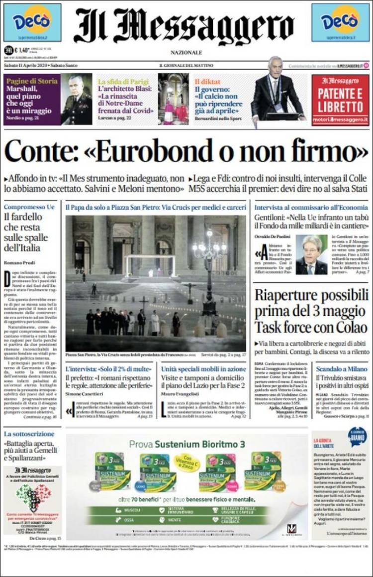 Portada de Il Messaggero (Italia)