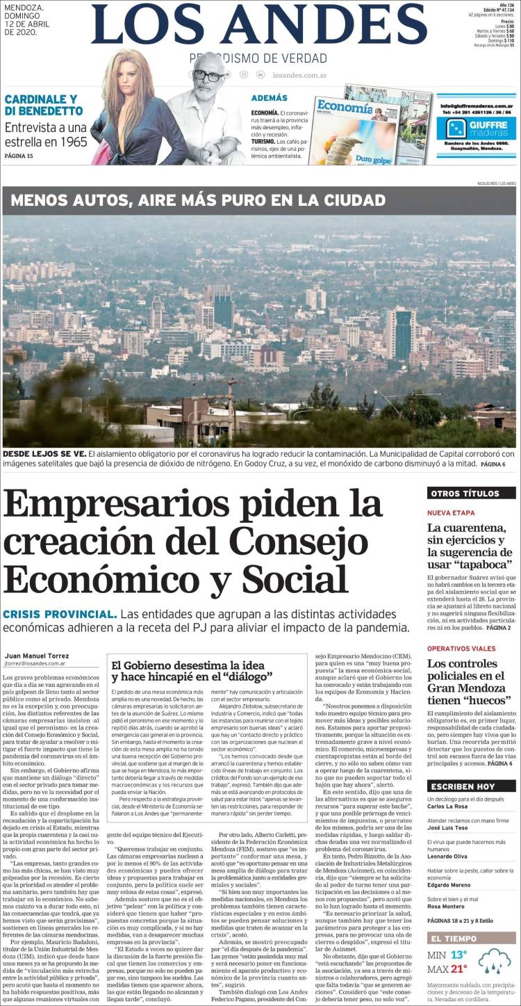 Portada de Los Andes - Mendoza (Argentina)
