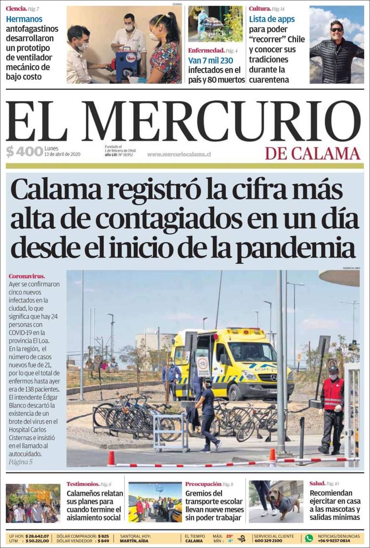 Portada de El Mercurio - Calama (Chile)