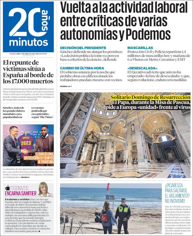 Portada de 20 Minutos - Madrid (España)
