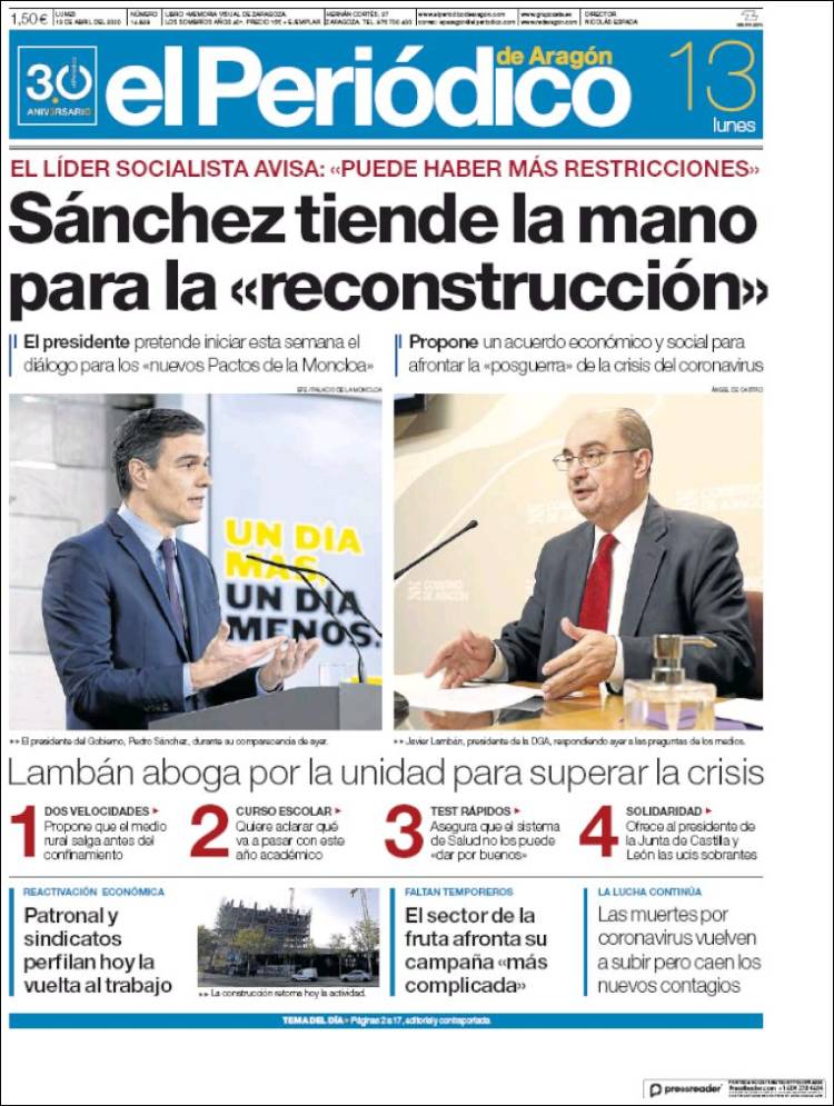 Portada de El Periódico de Aragón (España)