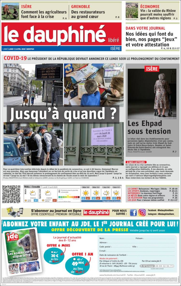 Portada de Le Dauphiné Libéré (Francia)