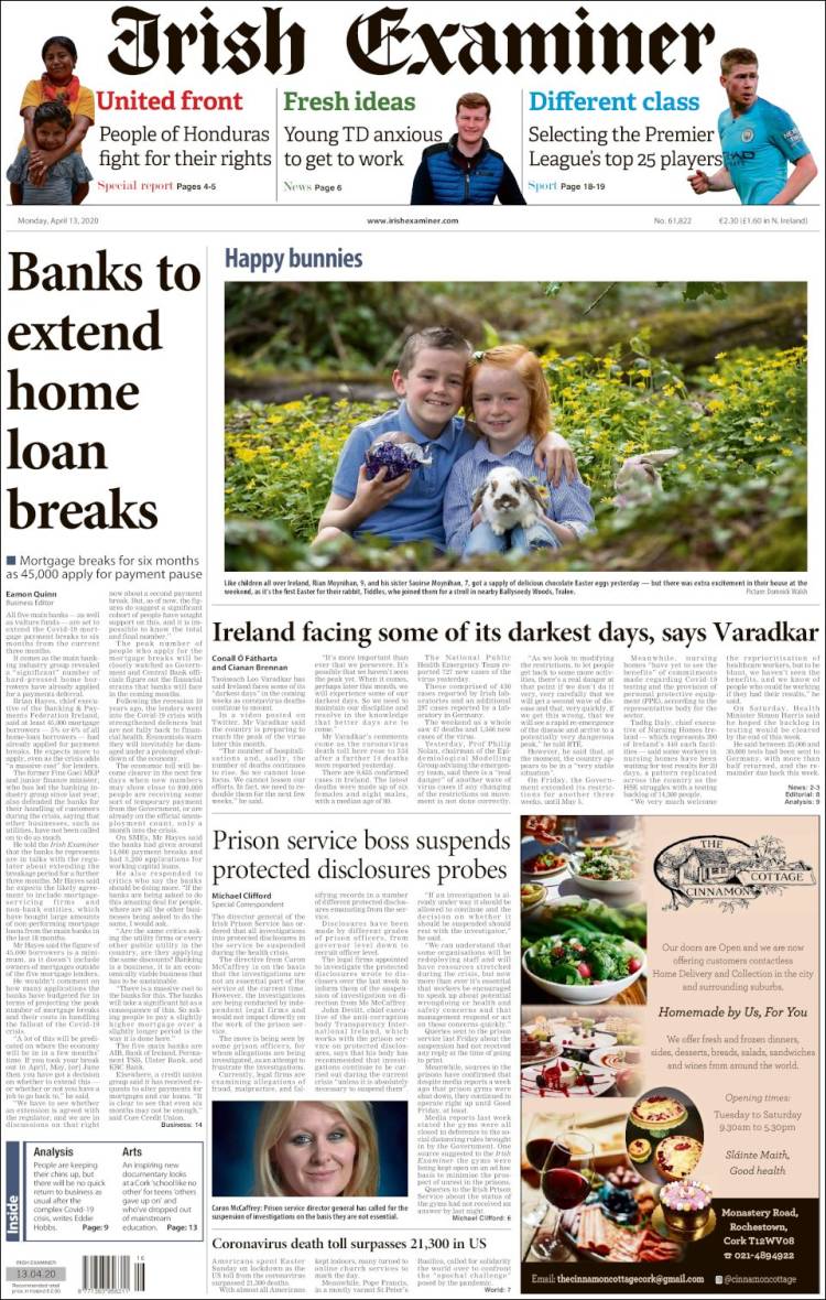 Portada de Irish Examiner (Irlanda)