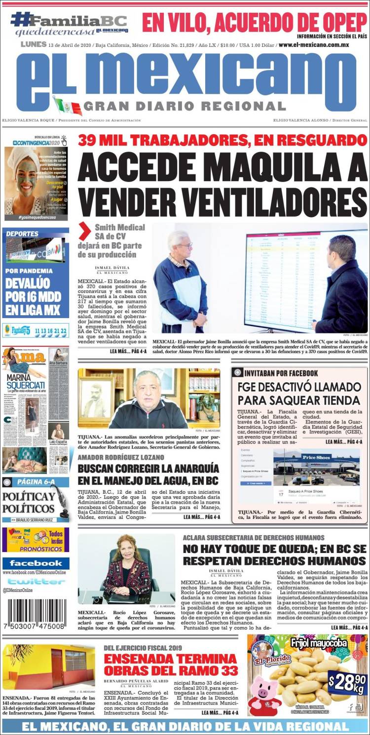 Portada de El Mexicano - El Gran Diario Regional (M&eacute;xico)
