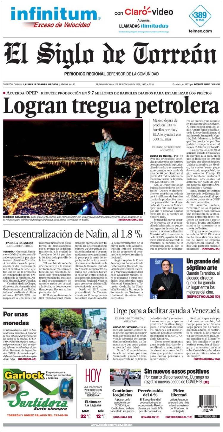 Portada de El Siglo de Torreon (M&eacute;xico)