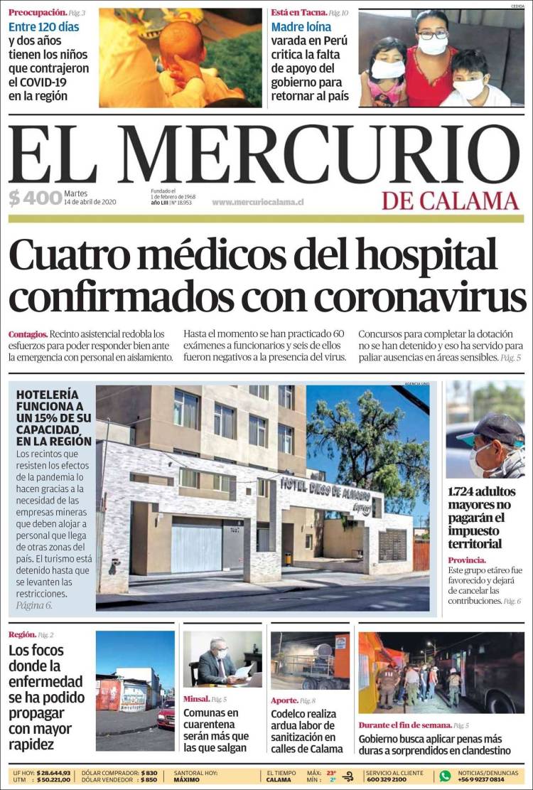 Portada de El Mercurio - Calama (Chile)