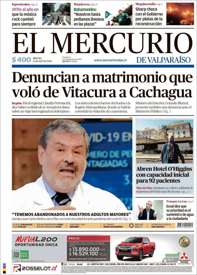 Portada de Mercurio de Valparaiso (Chile)