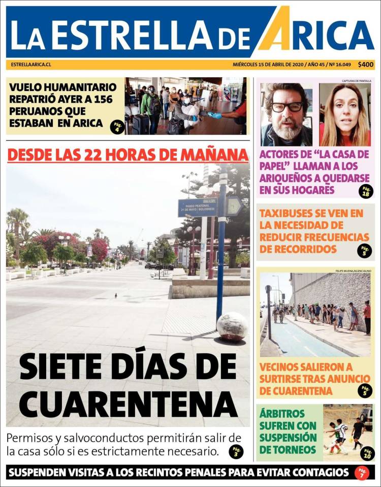 Portada de La Estrella de Arica (Chile)