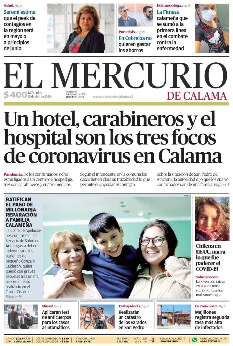 Portada de El Mercurio - Calama (Chile)