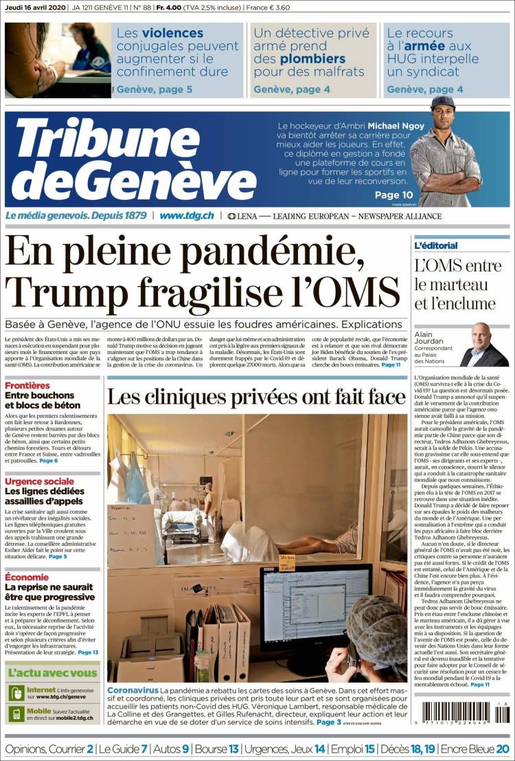 Portada de La Tribune de Genève (Suiza)