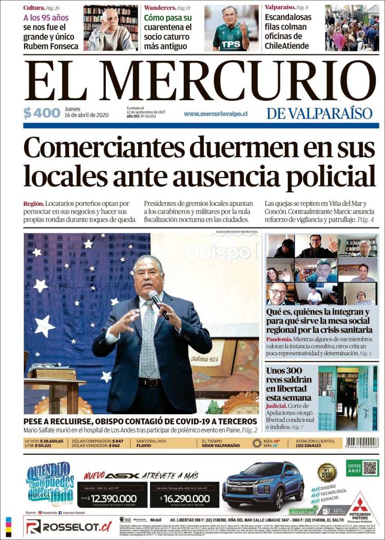 Portada de Mercurio de Valparaiso (Chile)