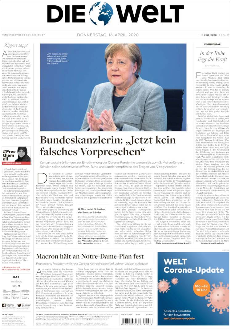 Portada de Die Welt (Alemania)