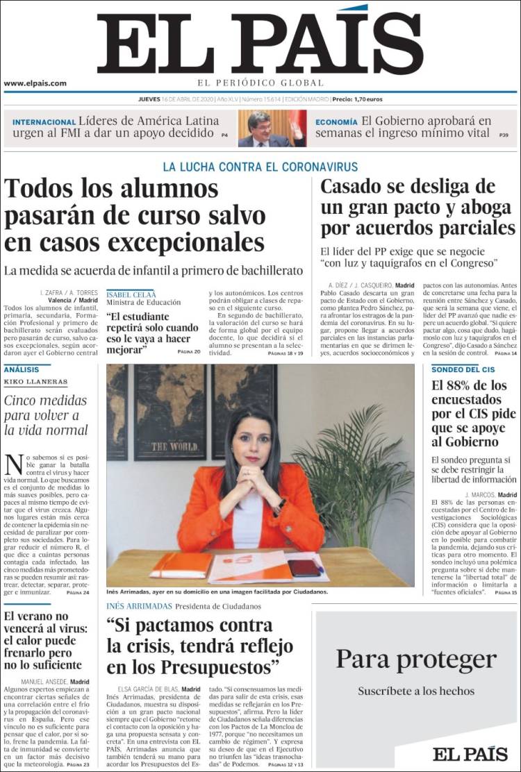 Portada de El País (España)