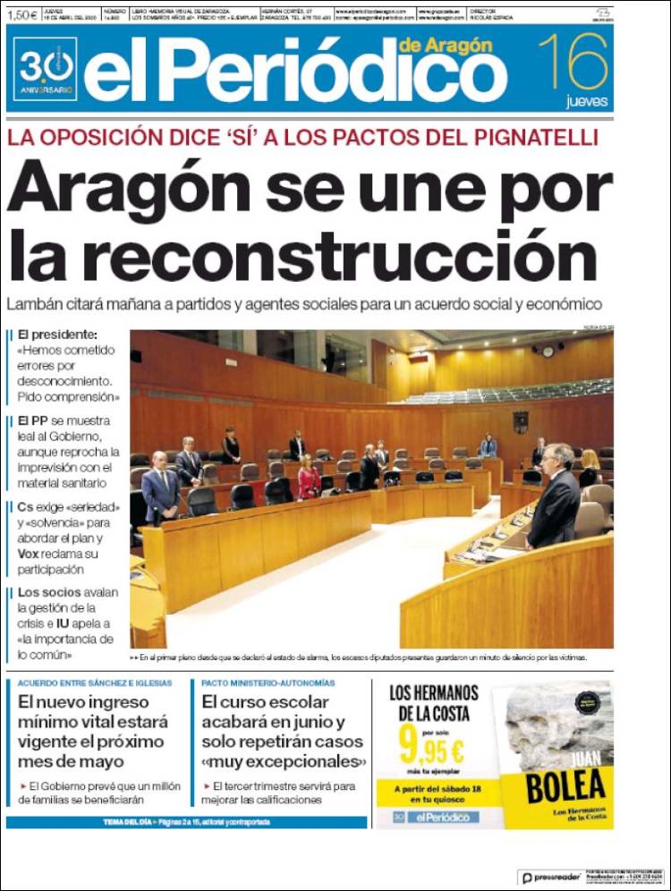 Portada de El Periódico de Aragón (España)