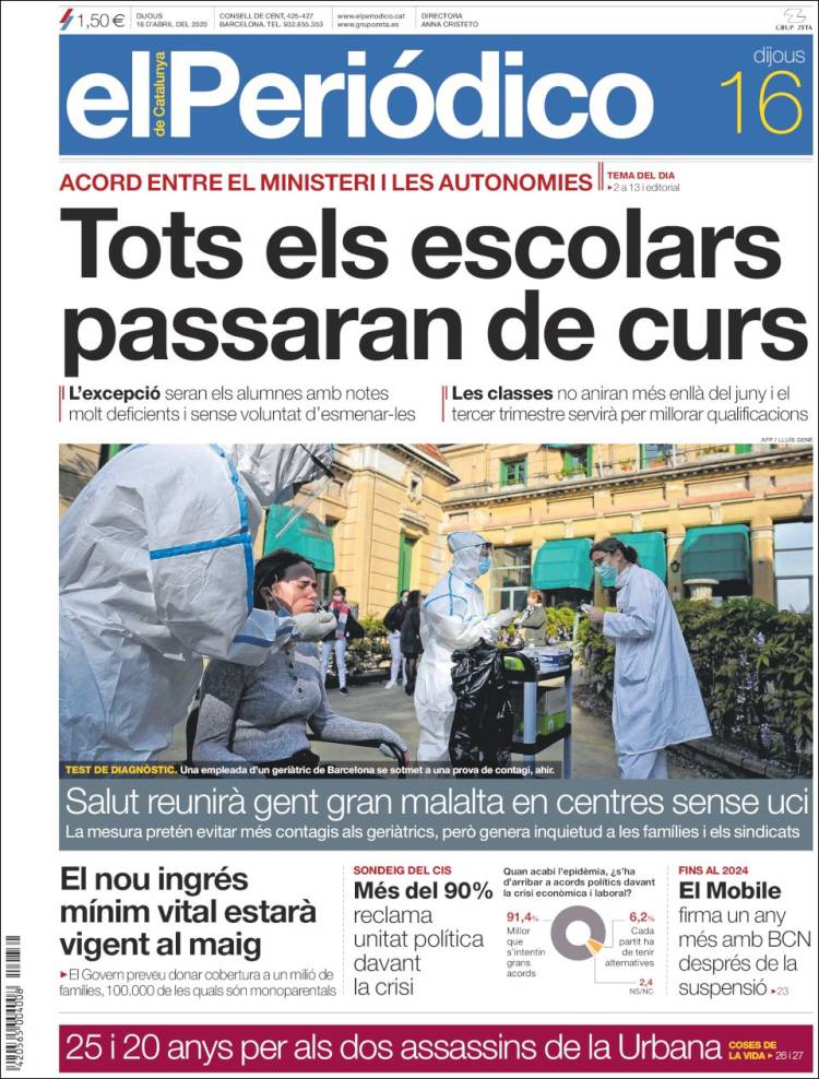 Portada de El Periódico de Catalunya (España)