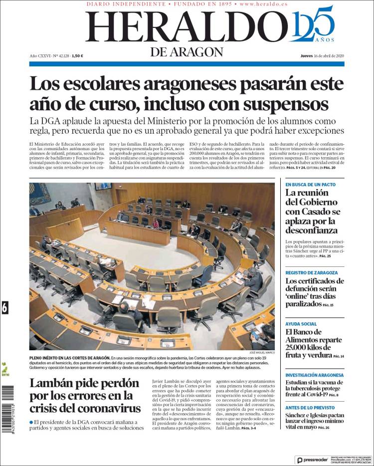 Portada de Heraldo de Aragón (España)