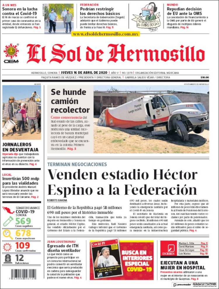 Portada de El Sol de Hermosillo (México)