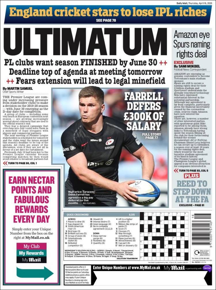 Portada de Daily Mail Sport (Reino Unido)