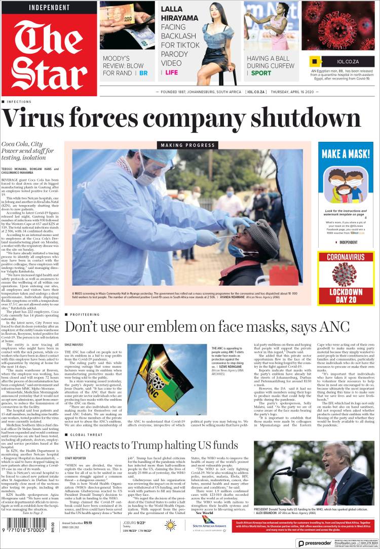 Portada de The Star (Sud&aacute;frica)