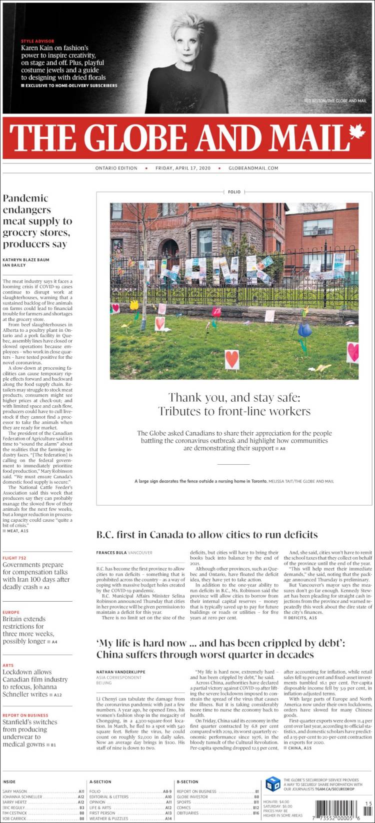 Portada de The Globe and Mail (Canadá)