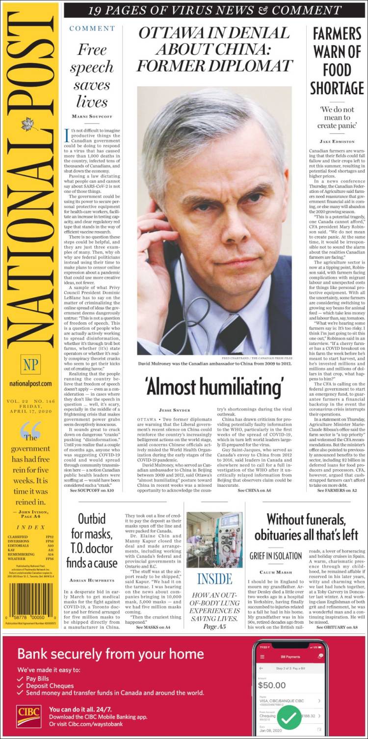 Portada de The National Post (Canadá)