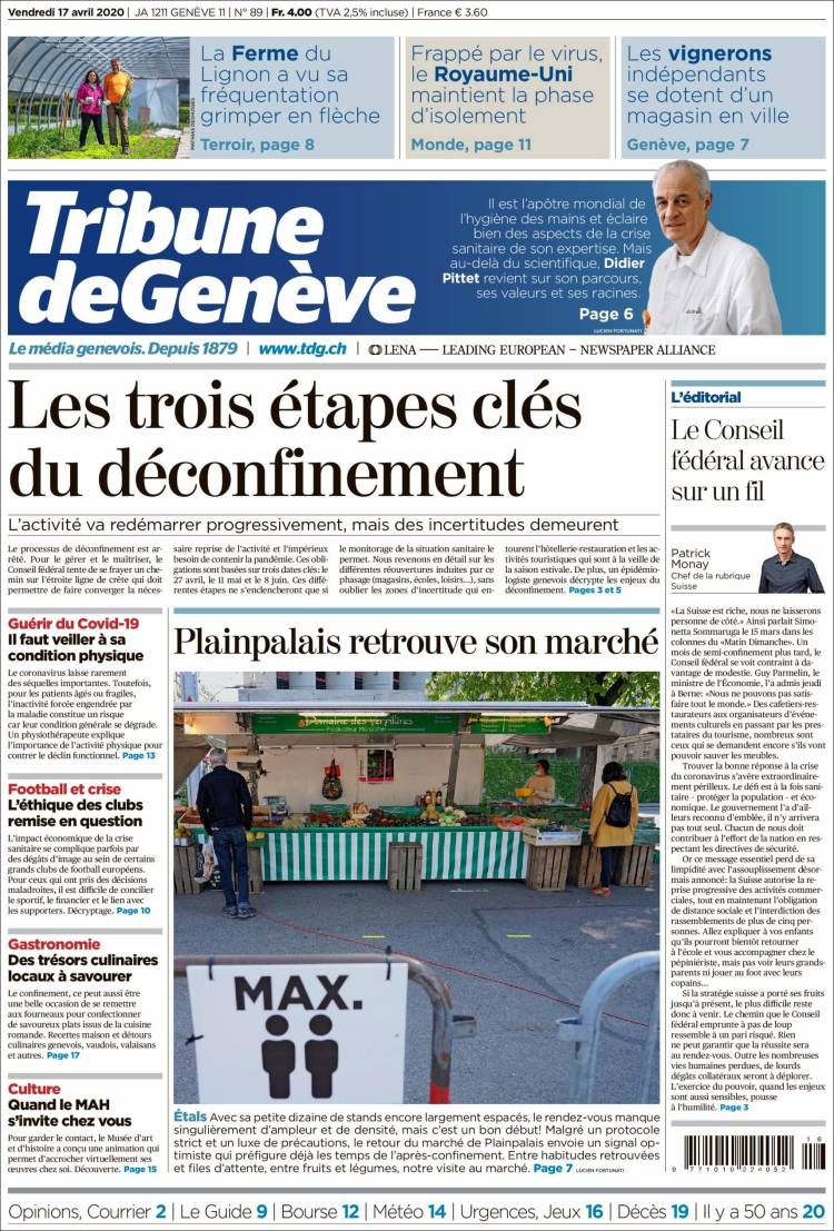 Portada de La Tribune de Genève (Suiza)