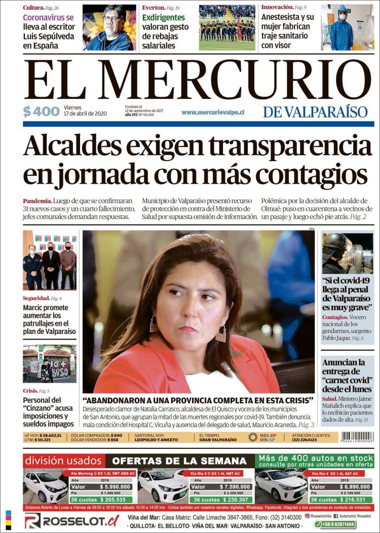 Portada de Mercurio de Valparaiso (Chile)