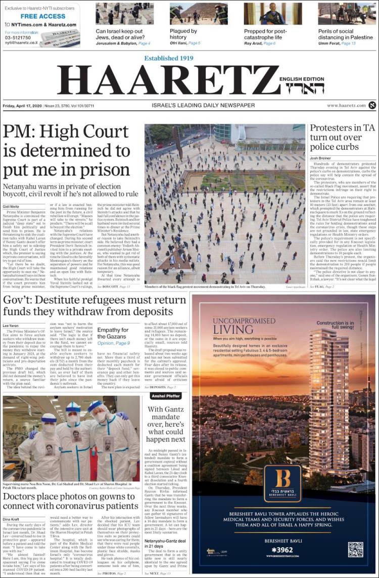 Portada de Haaretz (Israel)