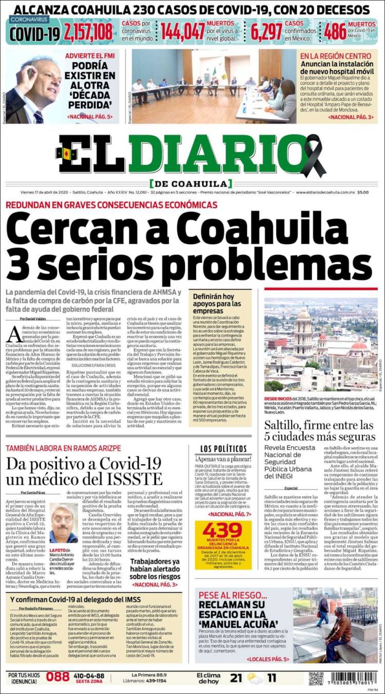 Portada de El Diario de Coahuila (México)