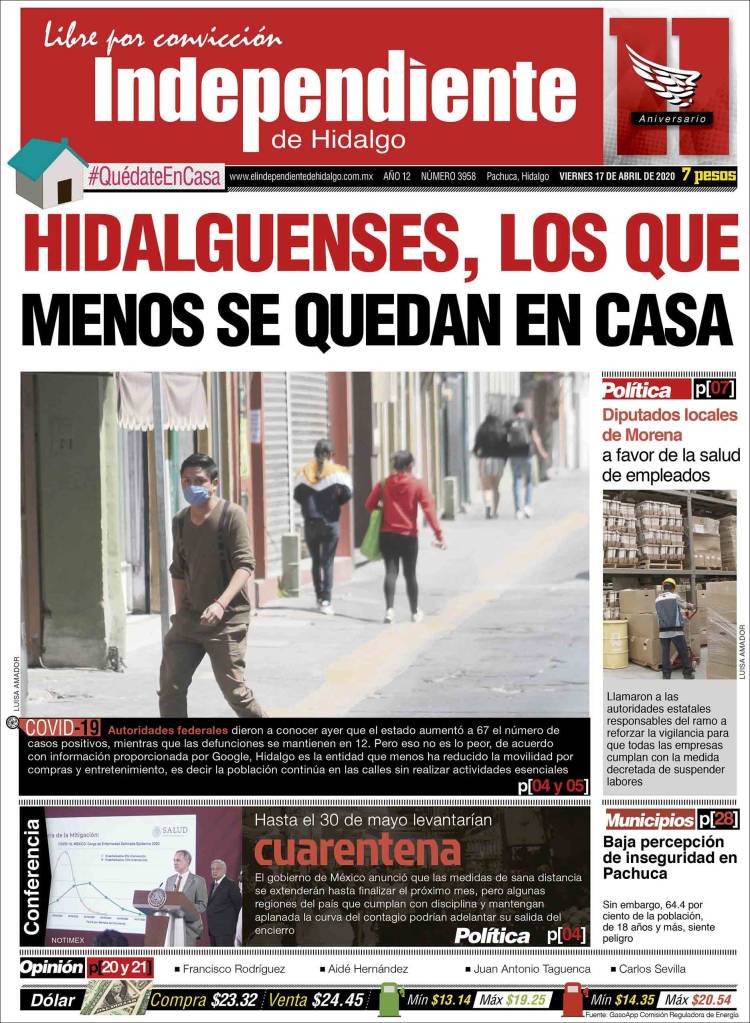 Portada de El Independiente de Hidalgo (México)