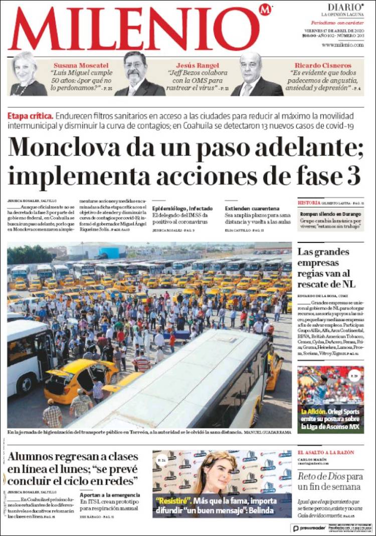 Portada de Milenio - Laguna (México)