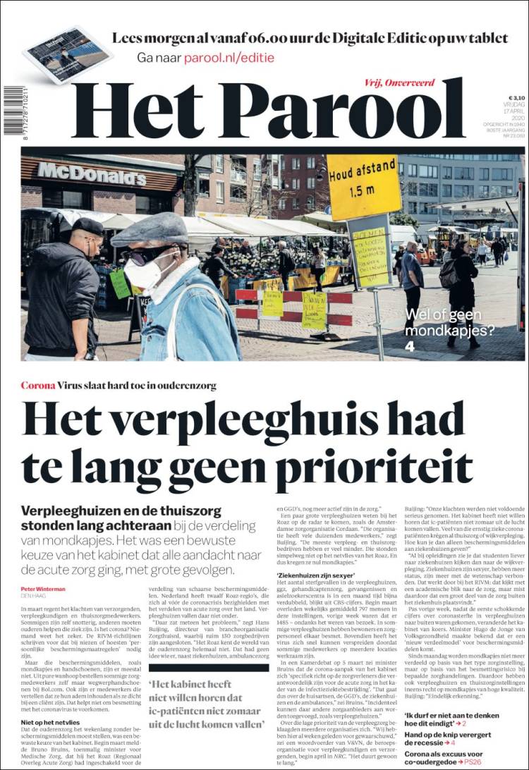 Portada de Het Parool (Pa&iacute;ses Bajos)