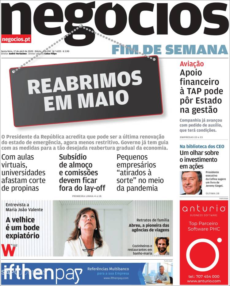 Portada de Jornal de Negócios (Portugal)