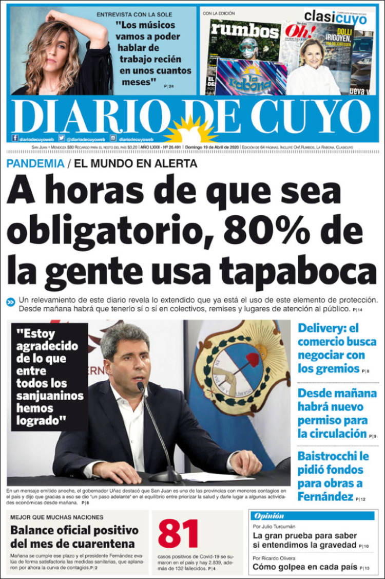 Newspaper Diario De Cuyo Argentina Newspapers In Argentina Sunday S Edition April 19 Of